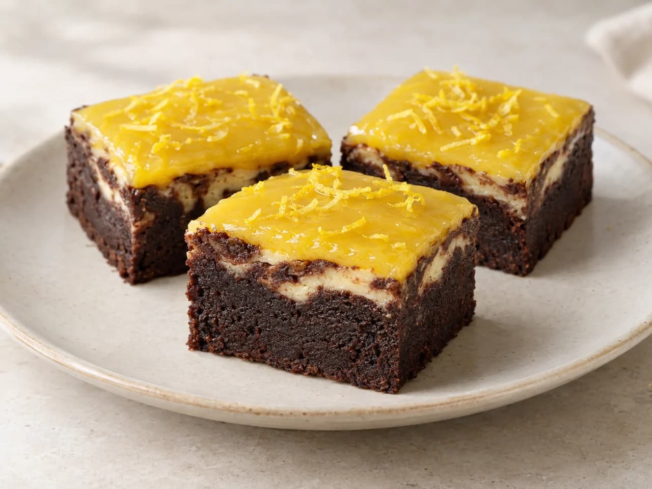Trzy kawałki czekoladowego brownie z cienką warstwą lemon curd i smugami cytrynowego mascarpone na jasnym talerzyku
