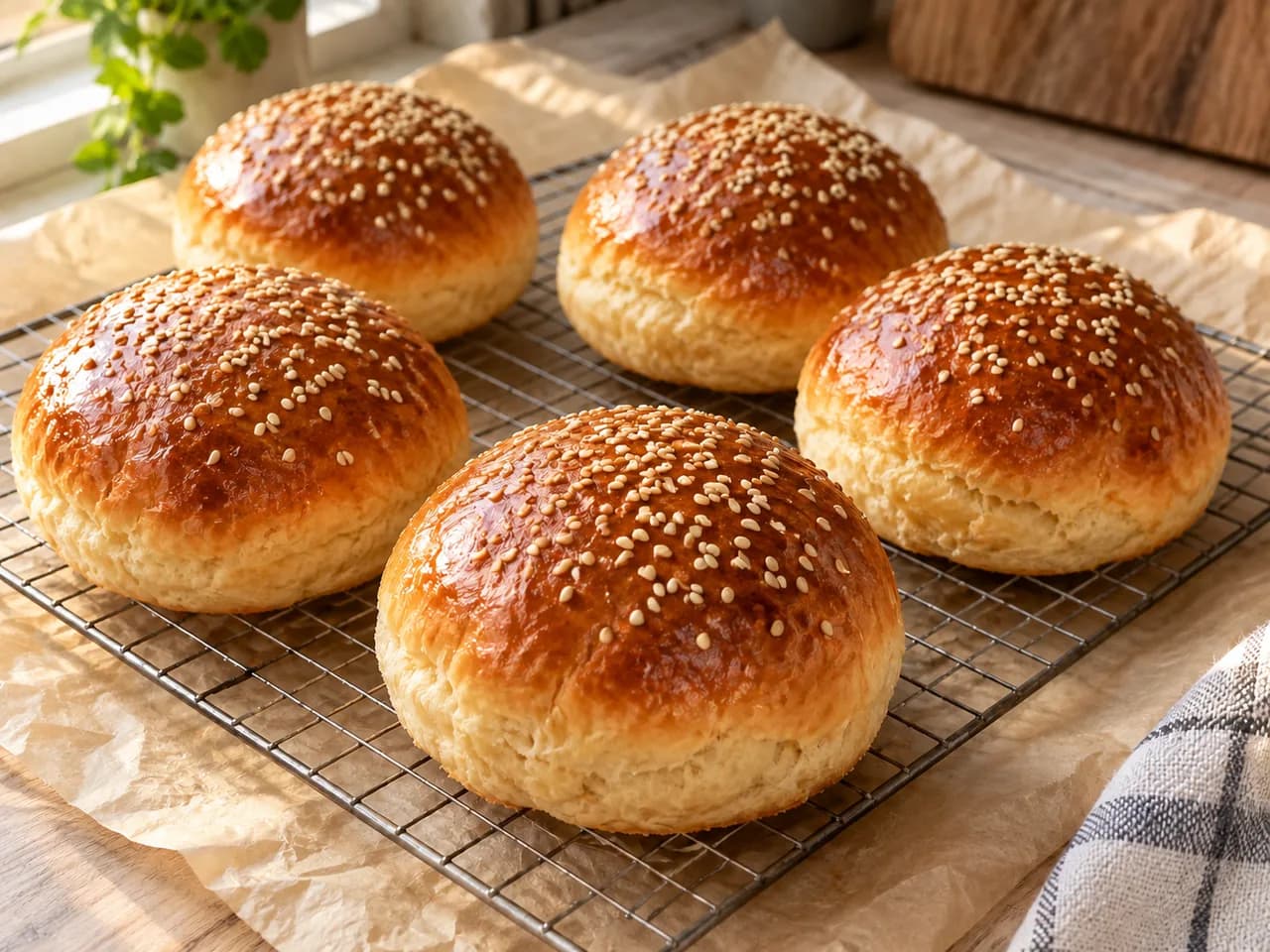 Pięć dużych, złotych bułek brioche z sezamem stygnących na metalowej kratce