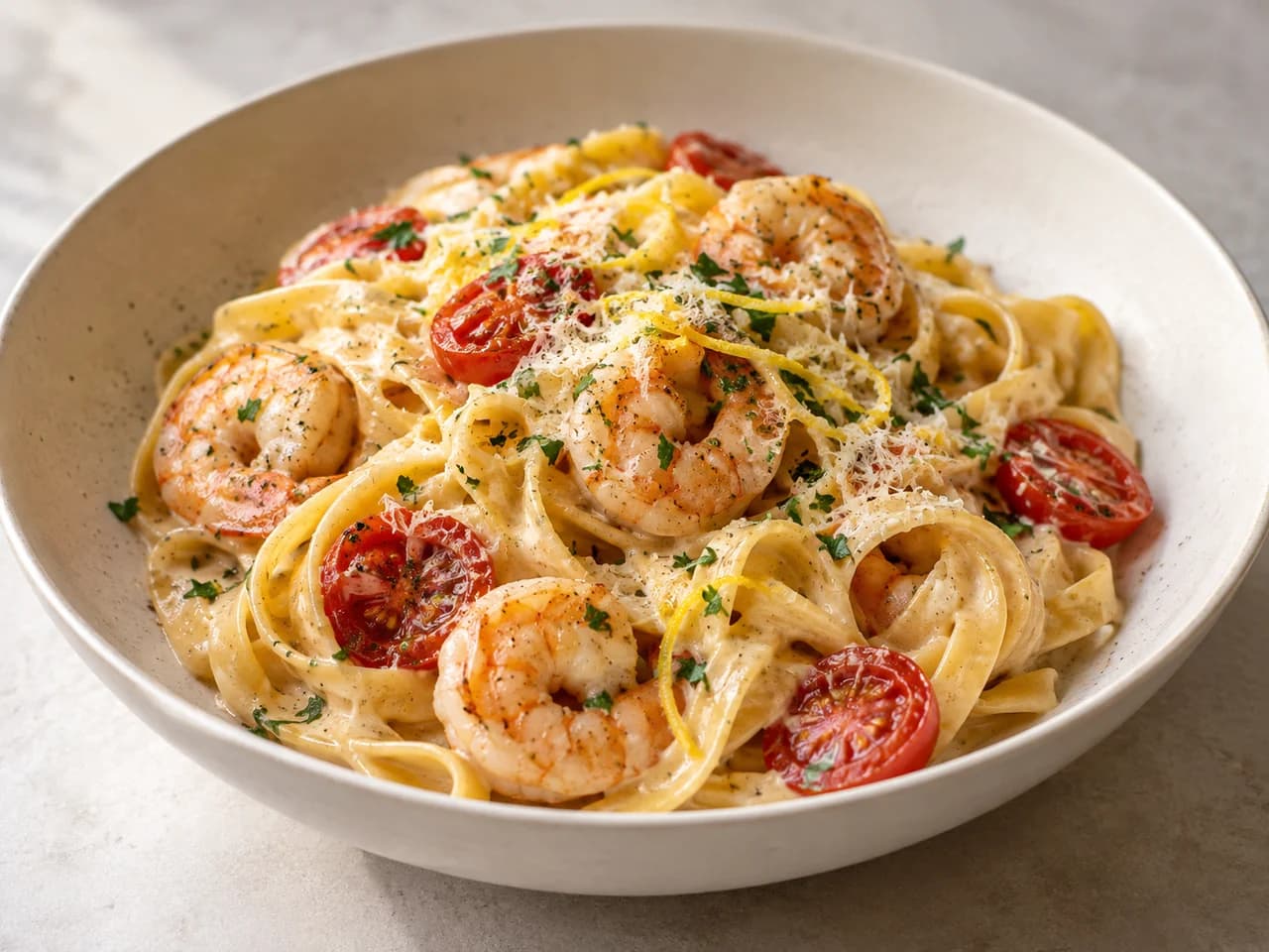 Tagliatelle z rumianymi krewetkami, przypieczonymi pomidorkami i skórką cytrynową w kremowym sosie