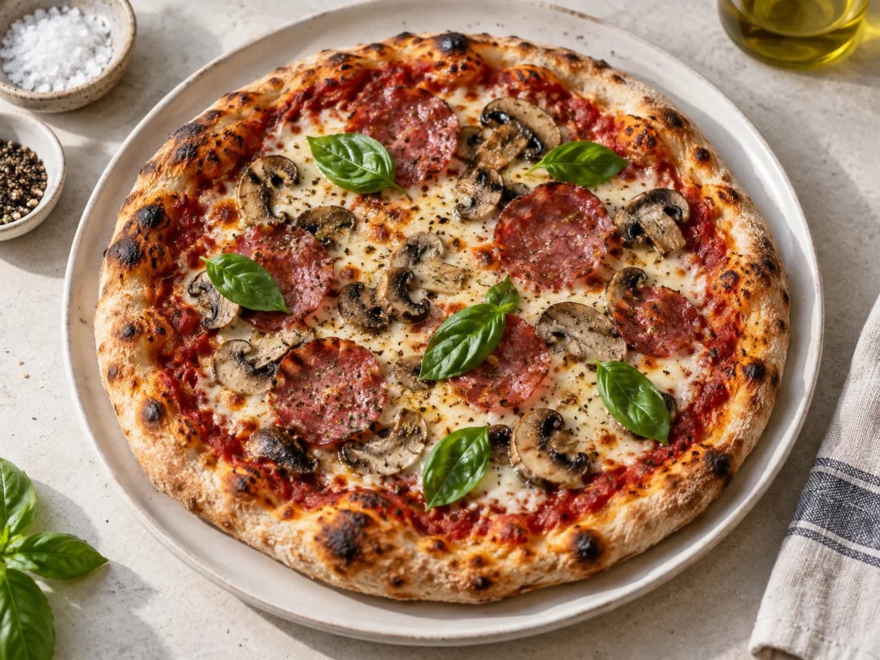 Domowa pizza z salami, pieczarkami, mozzarellą i bazylią