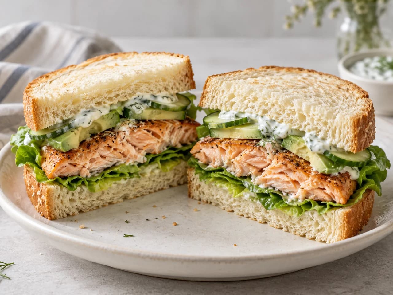 Sando z łososiem, sałatą, ogórkiem, awokado i sosem wasabi-tzatziki