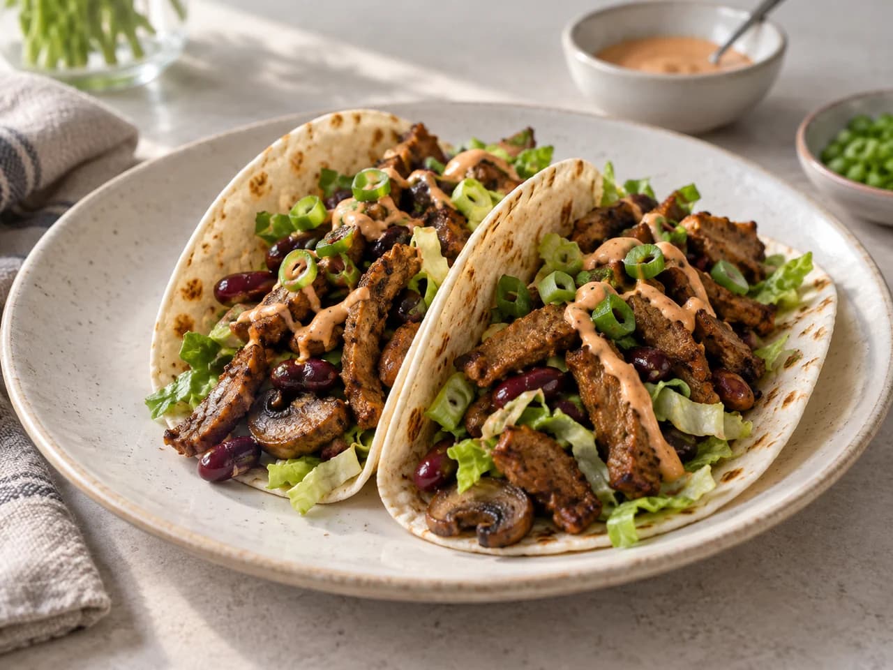 Dwa tacos z roślinnym gyrosem, fasolą, pieczarkami i pikantnym sosem