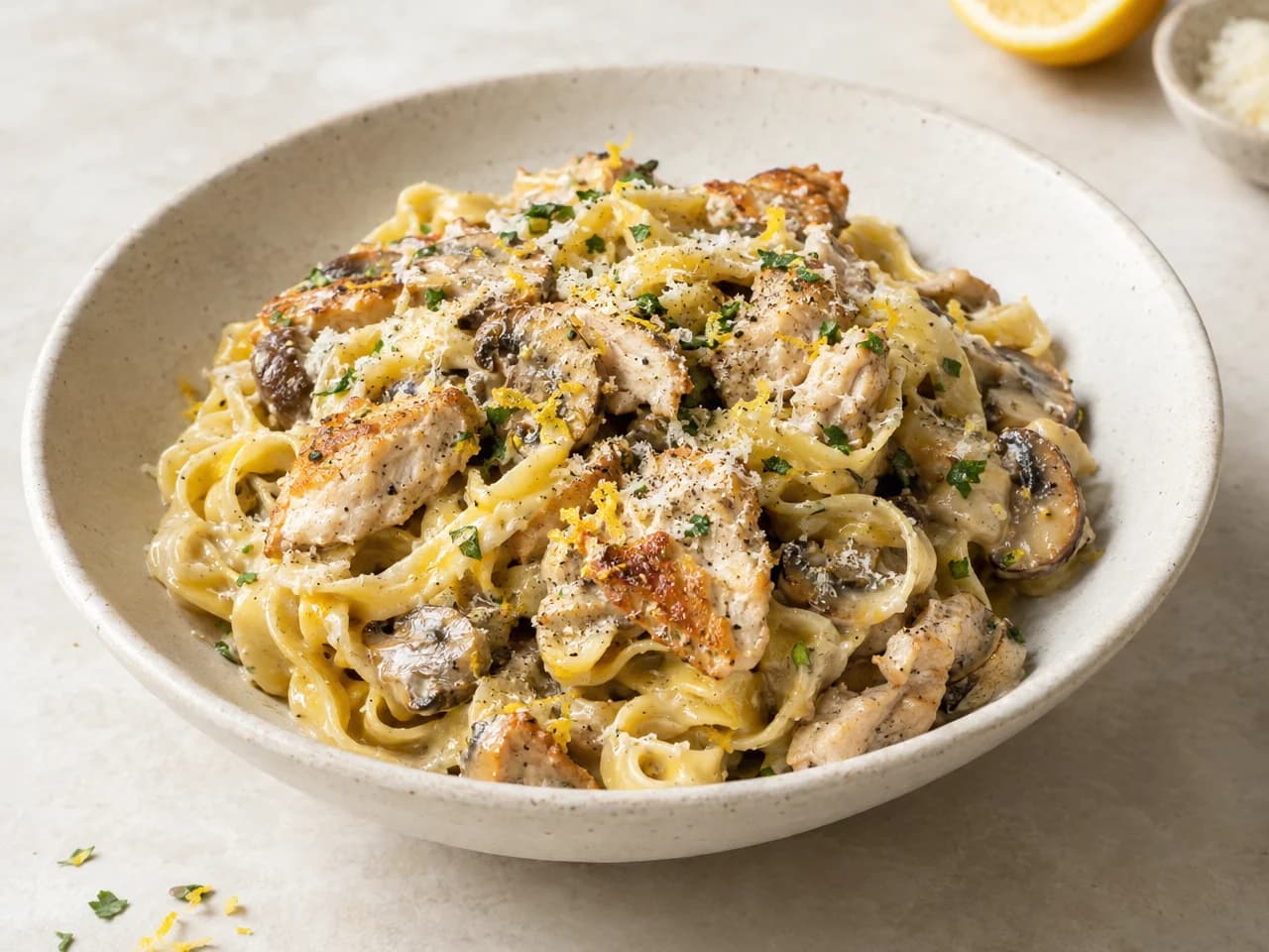 Tagliatelle z kurczakiem, pieczarkami i cytrynowym parmezanem