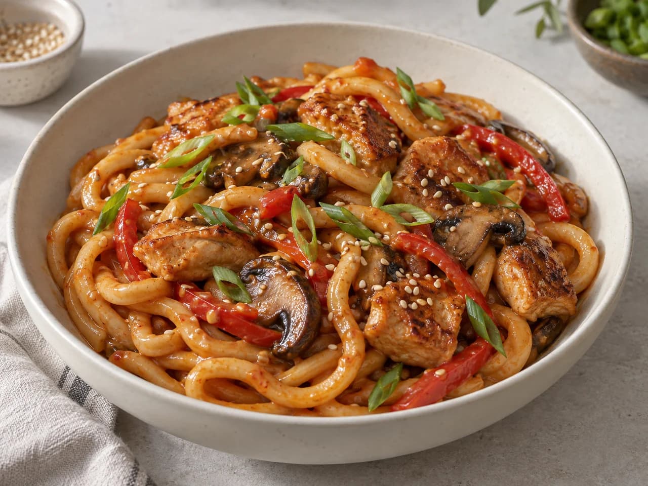 Gruby makaron udon w sosie gochujang z masłem orzechowym, kurczakiem, pieczarkami i papryką