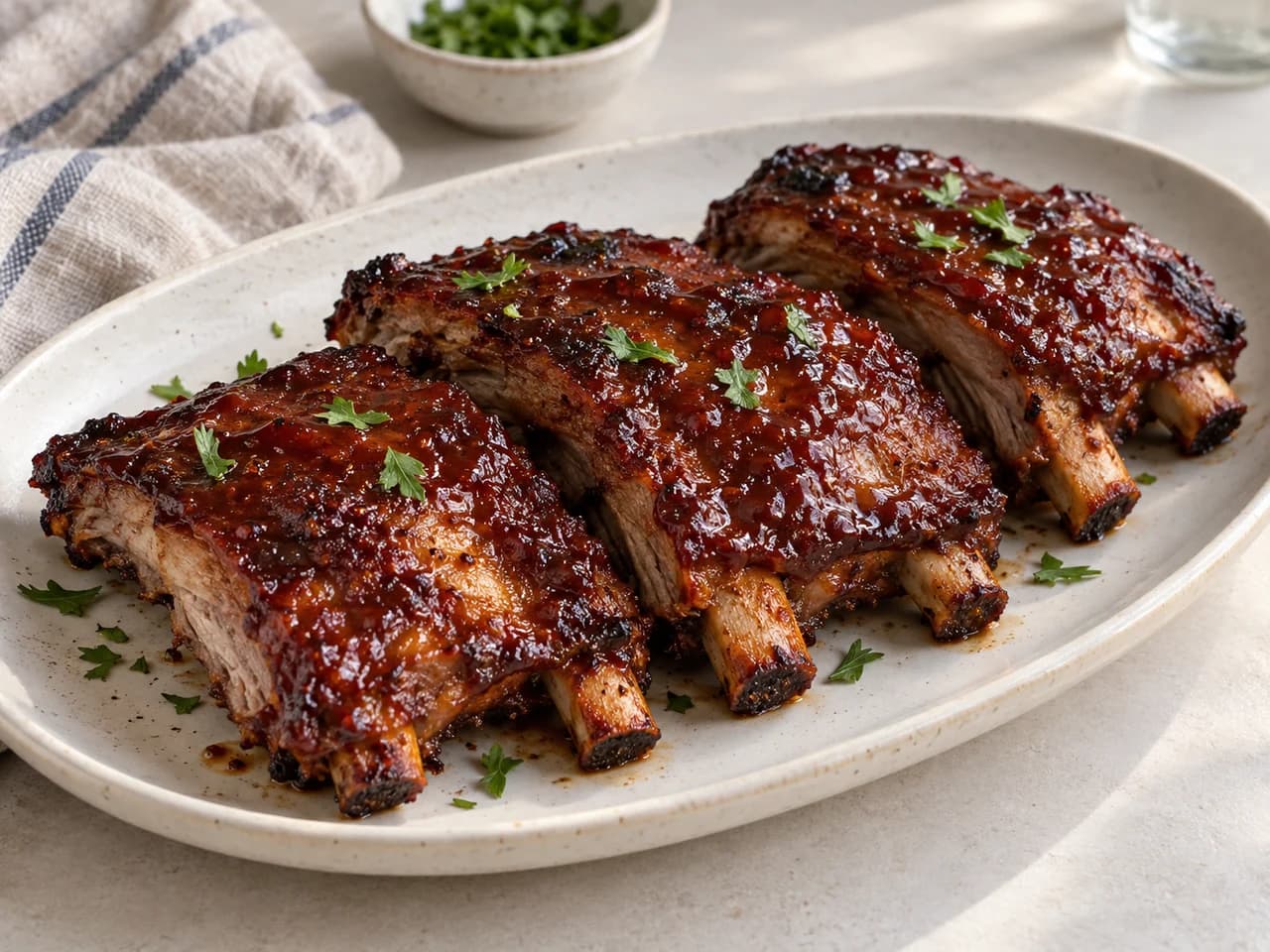Żeberka wieprzowe z ciemną, błyszczącą glazurą BBQ